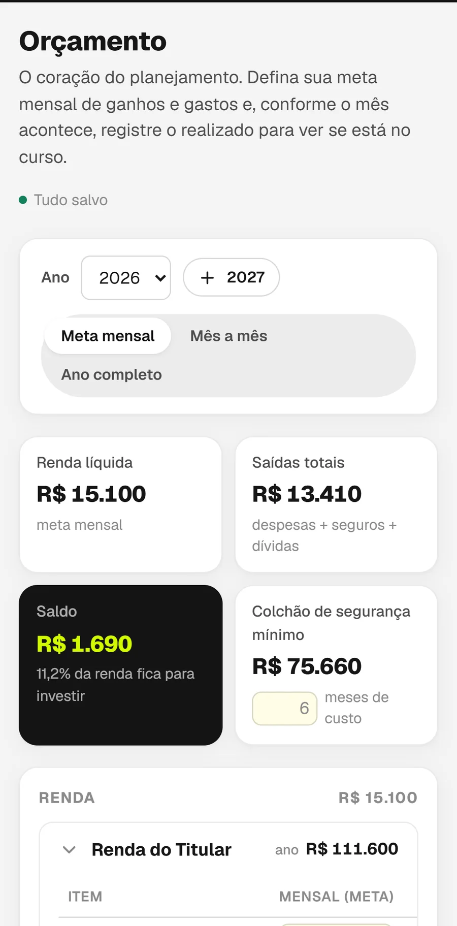 Tela de Orçamento no celular